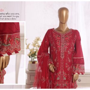 LUXURY PLAIN EMBROIDERED COTTON WITH EMBROIDERED CHIFFON DUPATTA AND EMBROIDERED TROUSER 3PC COLLECTION