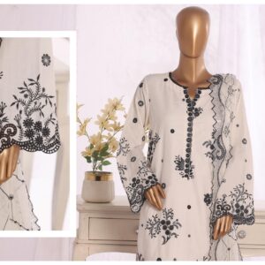 LUXURY PLAIN EMBROIDERED COTTON WITH EMBROIDERED CHIFFON DUPATTA AND EMBROIDERED TROUSER 3PC COLLECTION