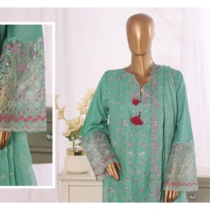LUXURY PLAIN EMBROIDERED COTTON WITH EMBROIDERED CHIFFON DUPATTA AND EMBROIDERED TROUSER 3PC COLLECTION