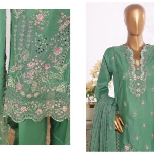 LUXURY PLAIN EMBROIDERED COTTON WITH EMBROIDERED CHIFFON DUPATTA AND EMBROIDERED TROUSER 3PC COLLECTION