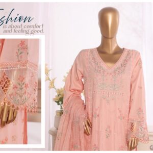 LUXURY PLAIN EMBROIDERED COTTON WITH EMBROIDERED CHIFFON DUPATTA AND EMBROIDERED TROUSER 3PC COLLECTION